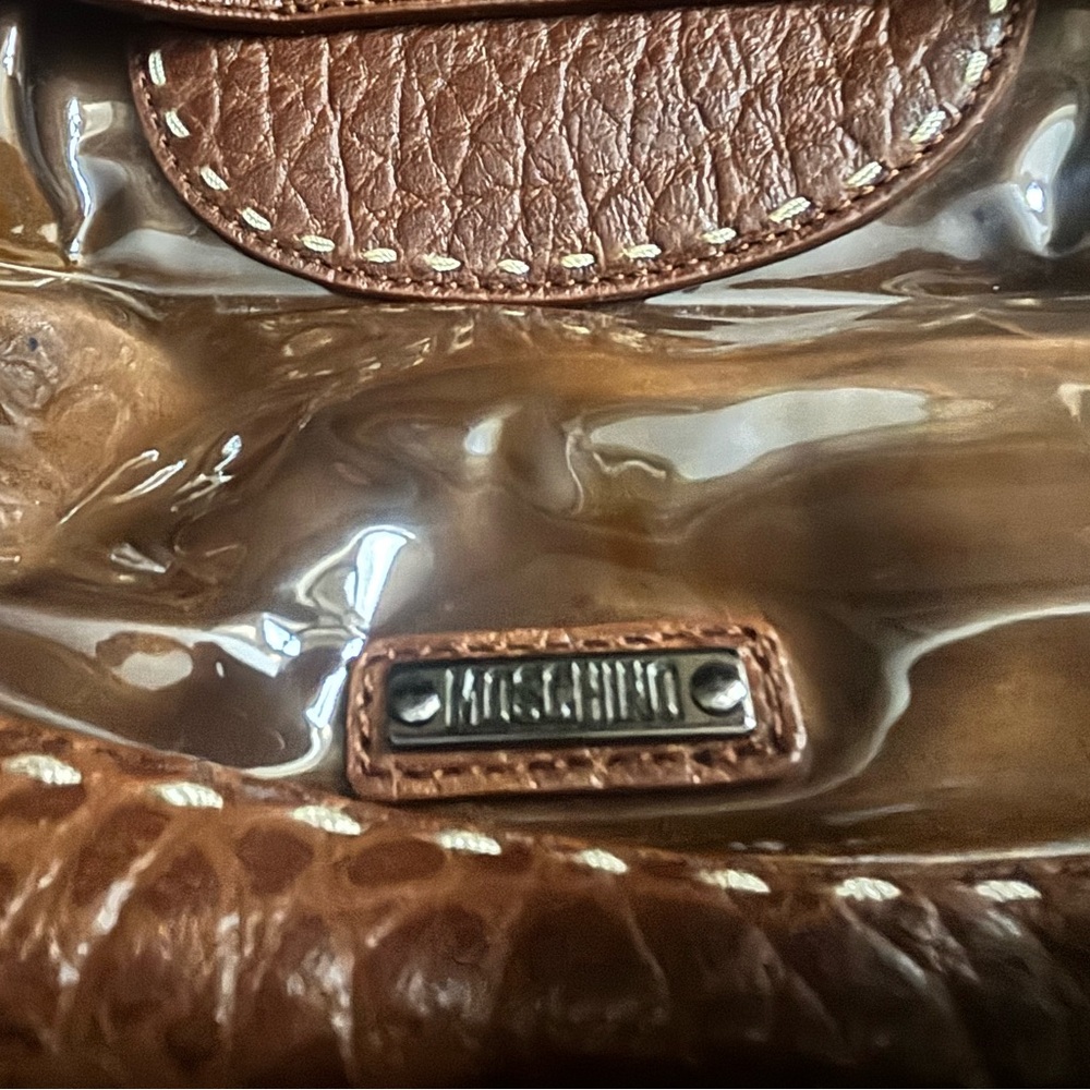 Vintage Moschino Brown Leather Women’s Clear Accent Satchel Shoulder Bag - Picture 3 of 9